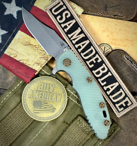 Ammo Can Green Hinderer XM-18 3.0" Bowie Flipper Translucent Green G10 Anodized Working Finish Ti with Stonewashed 20CV Blade and Bronzed Out Hardware - USA MB