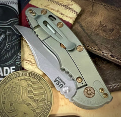 Hinderer XM-18 3.5 Non Flipper Bowie Bead Blast Green Ti Black G10 Stonewashed Magnacut Blade with Bronzed Out HW