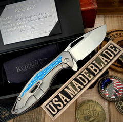 Koenig Arius M398 Flipper Blue Twill Inlay Brightwashed Blade with Polished Flats Silver Ti Hardware