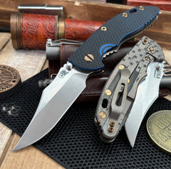 Battled Stars & Stripes Hinderer XM-18 3.5 Non-Flipper Bowie Bead Blast Bronze Ti Blue/Black G10 Stonewashed Magnacut Blade with Bronzed Out HW