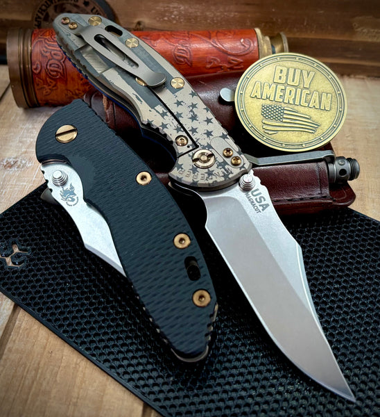 Battled Stars & Stripes Hinderer XM-18 3.5 Non-Flipper Bowie Bead Blast Bronze Ti Black G10 Stonewashed Magnacut Blade with Bronzed Out HW