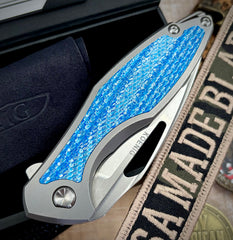 Koenig Arius M398 Flipper Blue Twill Inlay Brightwashed Blade with Polished Flats Silver Ti Hardware