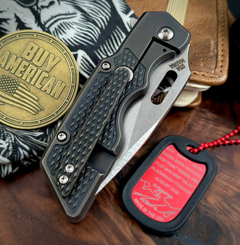 A2D Mark 1 Flipper Medium Stonewashed Drop Point Rising Grind Magnacut Blade Flat M16 Grip Blackwash Ti on Bearing