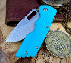 A2D Mark 2 Medium Satin Drop Point Rising Grind Magnacut Blade Britanny Blue G10 on Washers