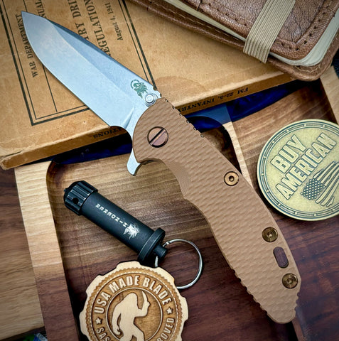 Topo BronzeHinderer XM-18 3.25 Spearpoint Coyote G10 Stonewashed Topo Ti Stonewashed Blade S45VN Blade and Sasquatch Clip - USA MB