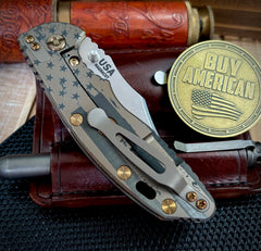 Battled Stars & Stripes Hinderer XM-18 3.5 Non-Flipper Bowie Bead Blast Bronze Ti Blue/Black G10 Stonewashed Magnacut Blade with Bronzed Out HW