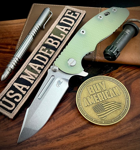 Hinderer XM-18 3.25 Fullered Harpoon Spanto Translucent Green G10 Stonewashed Ti and Stonewashed Magnacut Blade