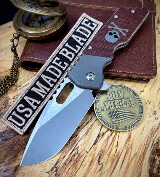 A2D Mark 2 Large Stonewashed Satin Drop Point Rising Grind Magnacut Blade Chocolate Micarta Integral Skull  on Washers