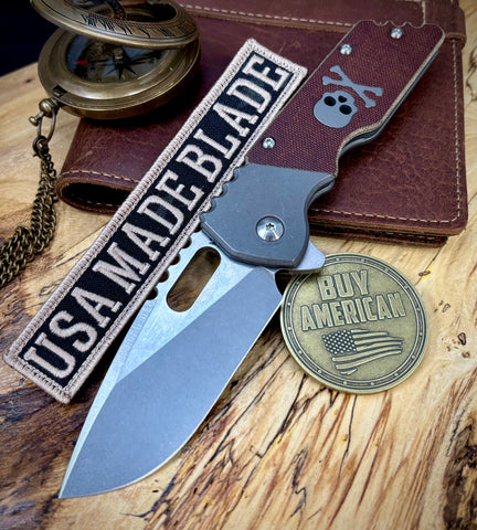 A2D Mark 2 Large Stonewashed Satin Drop Point Rising Grind Magnacut Blade Chocolate Micarta Integral Skull  on Washers
