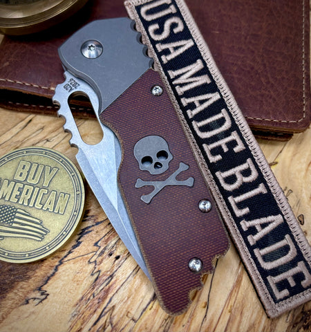 A2D Mark 2 Large Stonewashed Satin Drop Point Rising Grind Magnacut Blade Chocolate Micarta Integral Skull  on Washers