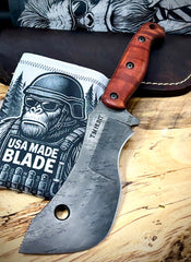 T.M. Hunt M14 #101 Brown Curly Maple Handles with Forced Patina O1 Tool Steel and Leather Sheath - USA MB