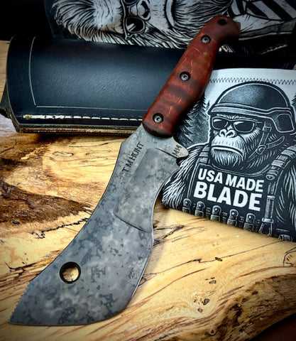T.M. Hunt M14 #103 Brown Curly Maple Handles with Forced Patina O1 Tool Steel and Leather Sheath - USA MB