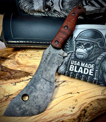 T.M. Hunt M14 #103 Brown Curly Maple Handles with Forced Patina O1 Tool Steel and Leather Sheath - USA MB