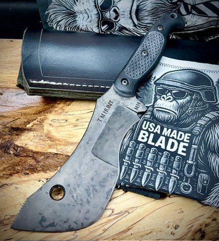 T.M. Hunt M14 #104 Black G10 Knurrelled Handles with Forced Patina O1 Tool Steel and Leather Sheath - USA MB