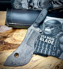T.M. Hunt M14 #104 Black G10 Knurrelled Handles with Forced Patina O1 Tool Steel and Leather Sheath - USA MB