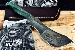 T.M. Hunt M14 #105 Maple Ambrosia Green Handles with Forced Patina O1 Tool Steel and Leather Sheath - USA MB