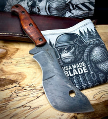 T.M. Hunt M14 #107 Brown Curly Maple Handles with Forced Patina O1 Tool Steel and Leather Sheath - USA MB