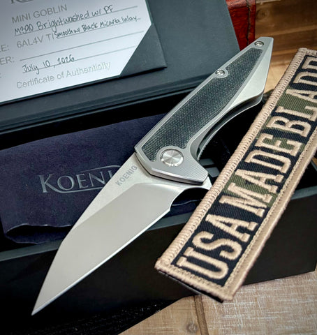 Koenig Mini Goblin Black Micarta Inlay Brightwashed M390 Blade with Polished Flats and Silver Ti HW