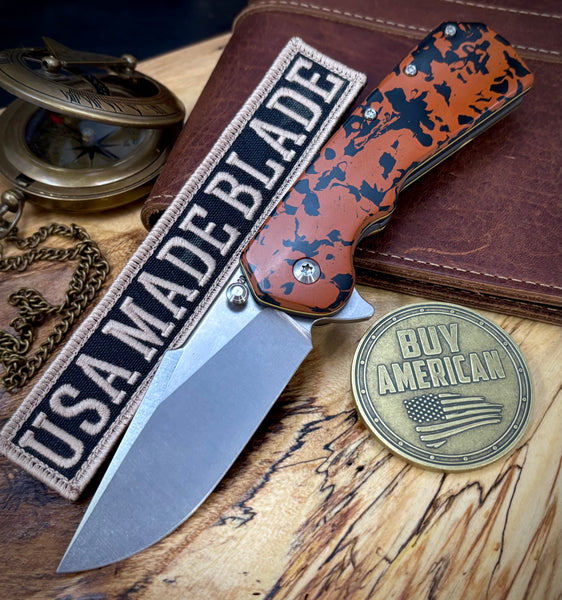 A2D Delta Liner Lock Stonewashed Satin Magnacut Harpoon Rising Grind Blade with Tortoise Bakelite, Blackwash and yellow Liners on bearings