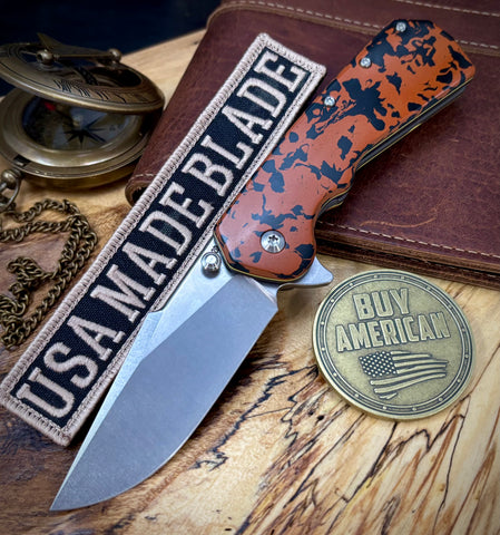 A2D Delta Liner Lock Stonewashed Satin Magnacut Harpoon Rising Grind Blade with Tortoise Bakelite, Blackwash and yellow Liners on bearings