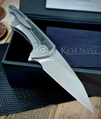 Koenig Mini Goblin Black Micarta Inlay Brightwashed M390 Blade with Polished Flats and Silver Ti HW
