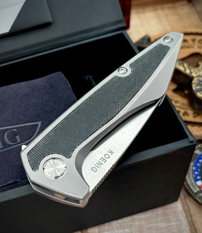 Koenig Mini Goblin Black Micarta Inlay Brightwashed M390 Blade with Polished Flats and Silver Ti HW