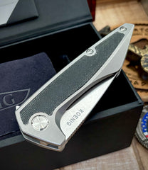 Koenig Mini Goblin Black Micarta Inlay Brightwashed M390 Blade with Polished Flats and Silver Ti HW