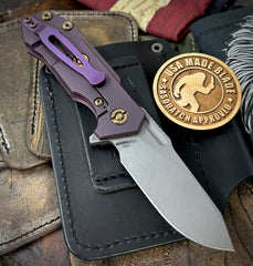 High Res Battle Purple Slicer Hinderer Half Track Gen 2 Anodized Textured Ti Presentation Side, Smooth Ti Lockside Magnacut Working Finish Blade Bronzed Out HW