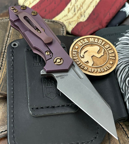 High Res Battle Purple Wharnie Hinderer Half Track Gen 2 Anodized Textured Ti Presentation Side, Smooth Ti Lockside Magnacut Working Finish Blade Bronzed Out HW