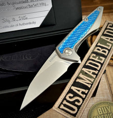 Koenig Mini Goblin Blue Twill Inlay Brightwashed M390 Blade with Polished Flats and Silver Ti HW