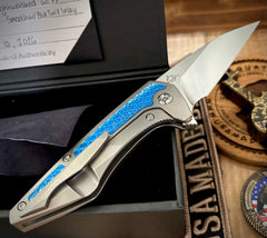 Koenig Mini Goblin Blue Twill Inlay Brightwashed M390 Blade with Polished Flats and Silver Ti HW
