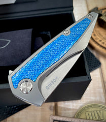 Koenig Mini Goblin Blue Twill Inlay Brightwashed M390 Blade with Polished Flats and Silver Ti HW