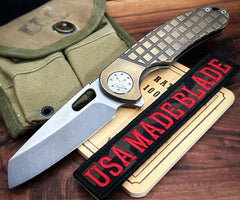 Curtiss Custom Knives F3 Large Wharny Flipper Bronze Bolstered Frag Mill Ti Polished HW 2 Tone S45VN Blade 1590 - USA MB