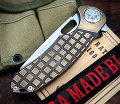 Curtiss Custom Knives F3 Large Wharny Flipper Bronze Bolstered Frag Mill Ti Polished HW 2 Tone S45VN Blade 1590 - USA MB