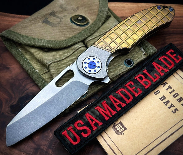 Curtiss Custom Knives F3 Large Wharny Flipper Gold Bolstered Frag Mill Ti Polished Blue HW 2 Tone S45VN Blade 1591