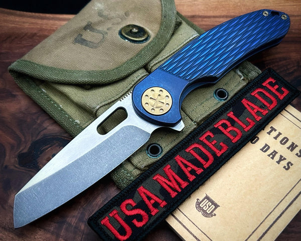 Curtiss Custom Knives F3 Large Wharny Flipper Blue Bolstered Wave Mill Ti Bronze HW 2 Tone S45VN Blade 1593