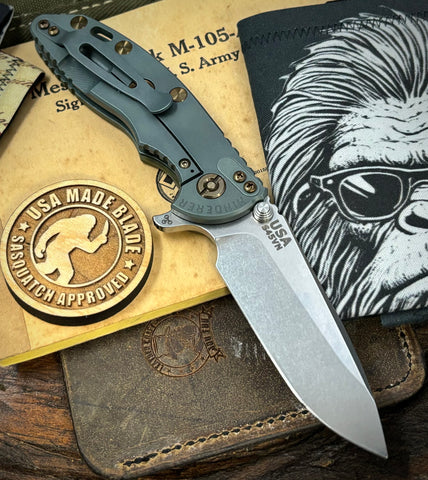 Ammo Can Green Hinderer XM-18 3.25 Spearpoint OD Green G10 Anodized Working Finish Ti and Stonewashed Finish S45VN Blade with bronzed out HW