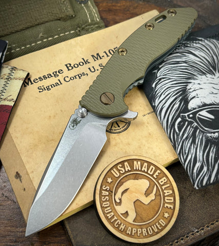 Ammo Can Green Hinderer XM-18 3.25 Spearpoint OD Green G10 Anodized Working Finish Ti and Stonewashed Finish S45VN Blade with bronzed out HW