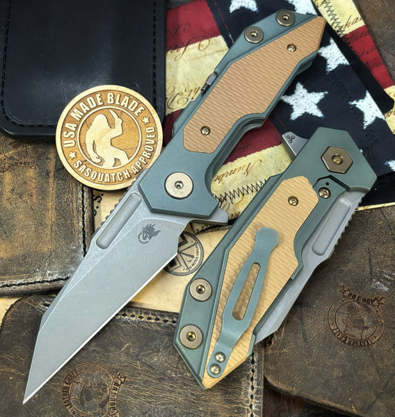 Ammo Can Green Hinderer Full Track Wharncliffe Anodized Working Finish Ti with Coyote G10 and Working Finish S45VN Blade and bronzed out hardware