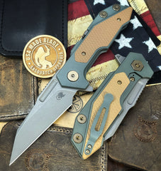 Ammo Can Green Hinderer Full Track Wharncliffe Anodized Working Finish Ti with Coyote G10 and Working Finish S45VN Blade and bronzed out hardware - USA MB
