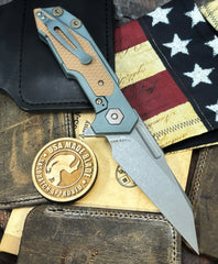 Ammo Can Green Hinderer Full Track Wharncliffe Anodized Working Finish Ti with Coyote G10 and Working Finish S45VN Blade and bronzed out hardware - USA MB