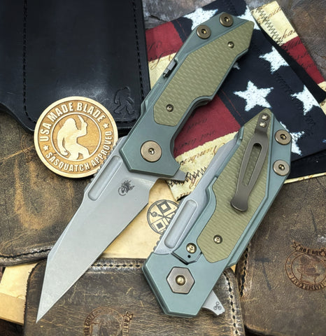 Ammo Can Green Hinderer Full Track Wharncliffe Anodized Working Finish Ti with OD Green G10 and Working Finish S45VN Blade and bronzed out hardware - USA MB