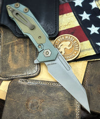 Ammo Can Green Hinderer Full Track Wharncliffe Anodized Working Finish Ti with OD Green G10 and Working Finish S45VN Blade and bronzed out hardware - USA MB