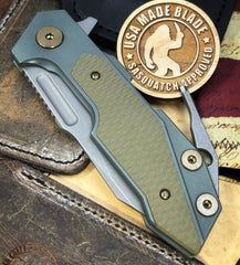 Ammo Can Green Hinderer Full Track Wharncliffe Anodized Working Finish Ti with OD Green G10 and Working Finish S45VN Blade and bronzed out hardware - USA MB