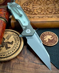 Hinderer Full Track Wharncliffe Battle Bronze Ti with Translucent Green G10 and Working Finish S45VN Blade - USA MB