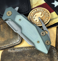 Ammo Can Green Hinderer Full Track Wharncliffe Anodized Working Finish Ti with Translucent Green G10 and Working Finish S45VN Blade and bronzed out hardware - USA MB