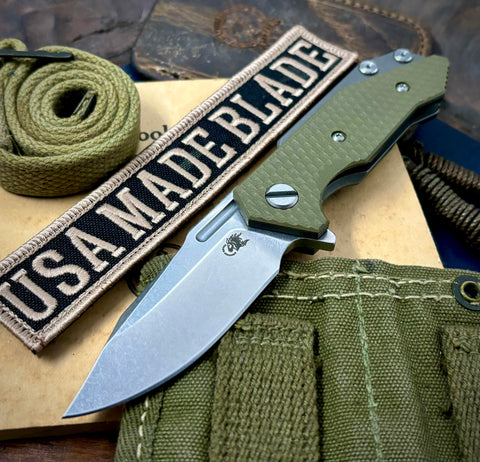 Bowie Hinderer Half Track Gen 2 OD Green G10 Working Finish Ti and Stonewashed S45VN Blade