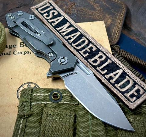 Bowie Hinderer Half Track Gen 2 OD Green G10 Working Finish Ti and Stonewashed S45VN Blade