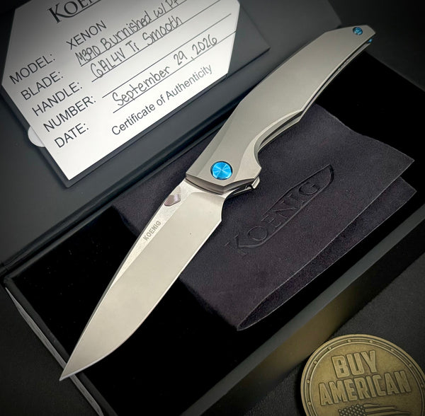 Koenig Xenon with M390 Burnished Blade with Polished Flats Smooth Ti Handles and Blue Ti Hardware XE1111111221