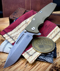 Hinderer Eklipse 3.5" Skinny Fullered Harpoon Spanto OD Green G10 Working Finish Ti Working Finish Magnacut Blade